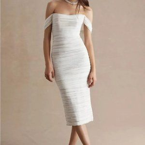Watters Joanne Ivory Ruched Slim Off-The-Shoulder Midi Dress Size 15 NWT